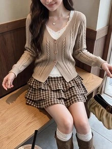 Comfortcana 女款 1960s 復古 70s 時尚格子多層荷葉邊下擺裙 約會校園風 棕色格子 秋季 - 棕色 - 查看 9