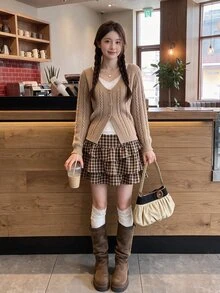 Comfortcana 女款 1960s 復古 70s 時尚格子多層荷葉邊下擺裙 約會校園風 棕色格子 秋季 - 棕色 - 查看 10