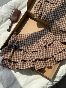 Comfortcana 女款 1960s 復古 70s 時尚格子多層荷葉邊下擺裙 約會校園風 棕色格子 秋季 - 棕色 - 查看 4