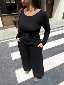 Muchica Plus-Size Women's Two Pieces Set Solid-Color Round-Neck Long-Sleeve T-Shirt And Wide-Leg Pants Suitable For Baggy Formal Vacation Black Autumn Fall - Black - View 4