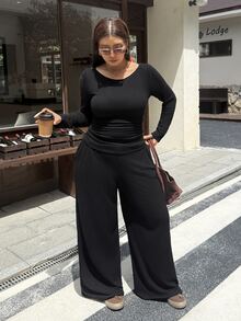 Muchica Plus-Size Women's Two Pieces Set Solid-Color Round-Neck Long-Sleeve T-Shirt And Wide-Leg Pants Suitable For Baggy Formal Vacation Black Autumn Fall - Black - View 5