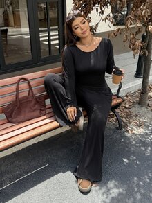 Muchica Plus-Size Women's Two Pieces Set Solid-Color Round-Neck Long-Sleeve T-Shirt And Wide-Leg Pants Suitable For Baggy Formal Vacation Black Autumn Fall - Black - View 3