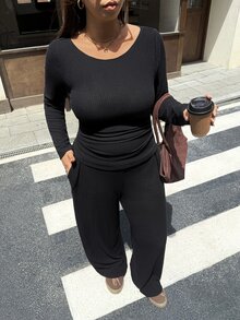 Muchica Plus-Size Women's Two Pieces Set Solid-Color Round-Neck Long-Sleeve T-Shirt And Wide-Leg Pants Suitable For Baggy Formal Vacation Black Autumn Fall - Black - View 6