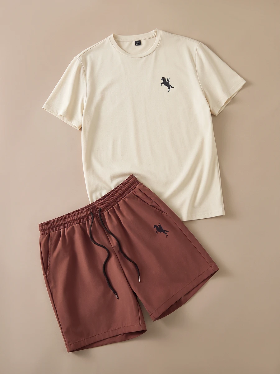 Daypath Men's Fitted Apricot Knit Top And Brown Woven Shorts Set - Brown - View 1