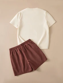 Daypath Men's Fitted Apricot Knit Top And Brown Woven Shorts Set - Brown - View 2