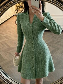 Modelyn Women's Green Woven Tweed Long Sleeve Cinched Waist Fabric Covered Button A-Line Elegant Romantic Short Dress - Green - View 8