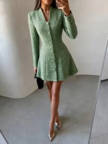 Modelyn Women's Green Woven Tweed Long Sleeve Cinched Waist Fabric Covered Button A-Line Elegant Romantic Short Dress - Green - View 1
