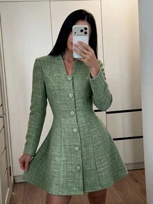 Modelyn Women's Green Woven Tweed Long Sleeve Cinched Waist Fabric Covered Button A-Line Elegant Romantic Short Dress - Green - View 9
