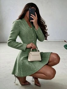 Modelyn Women's Green Woven Tweed Long Sleeve Cinched Waist Fabric Covered Button A-Line Elegant Romantic Short Dress - Green - View 6