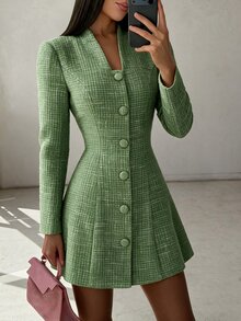 Modelyn Women's Green Woven Tweed Long Sleeve Cinched Waist Fabric Covered Button A-Line Elegant Romantic Short Dress - Green - View 7