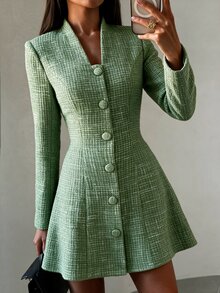 Modelyn Women's Green Woven Tweed Long Sleeve Cinched Waist Fabric Covered Button A-Line Elegant Romantic Short Dress - Green - View 4