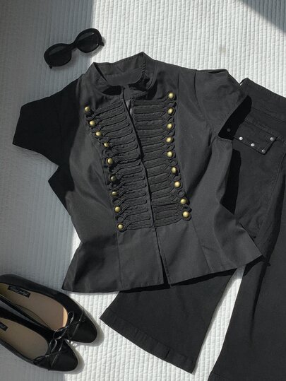 Comfortcana Veste de mode femme vintage rétro des années 70 avec décoration de boutons, cintrée à la taille, pour sorties nocturnes, concerts et fêtes, noir et or, été