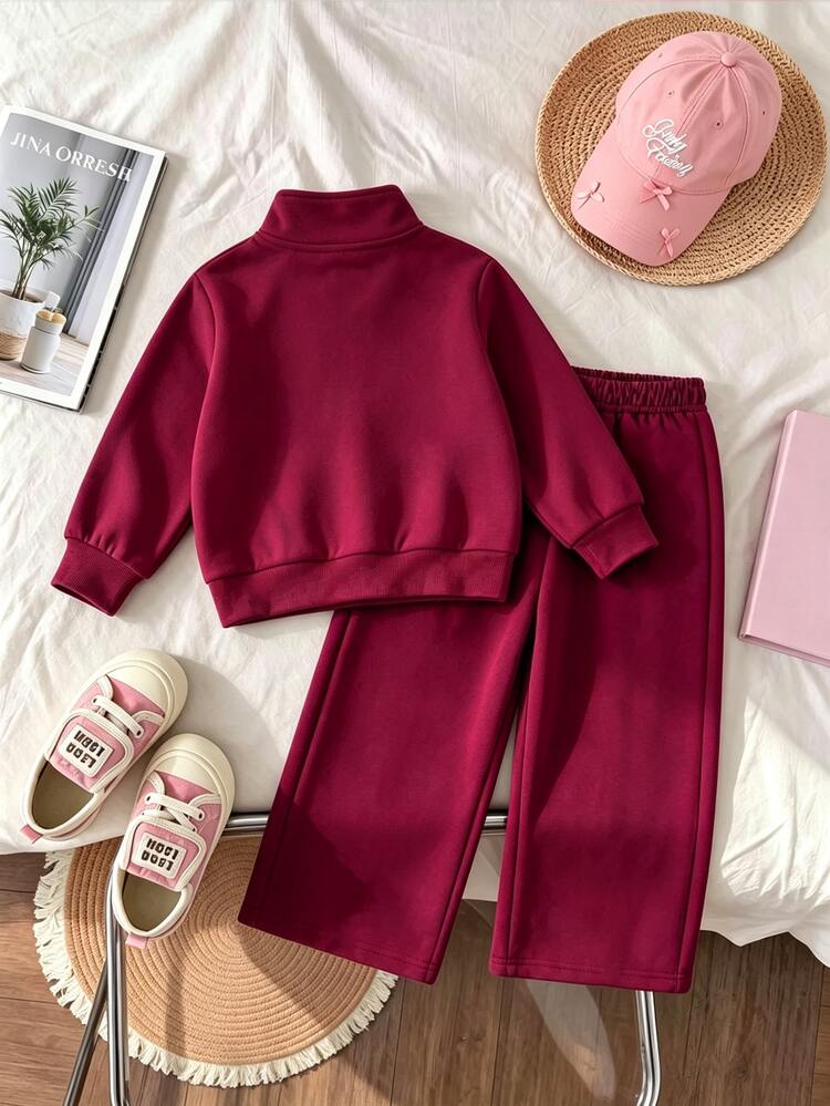 Baby Girls 2 Pieces Set Fashion Minimalist Letter Print Stand Collar Zip-Up Long Sleeve Sweatshirt And Leopard Print Wide Leg Pants Soft Fabric Suitable For Outings Autumn/Winter - Multicolor - View 2