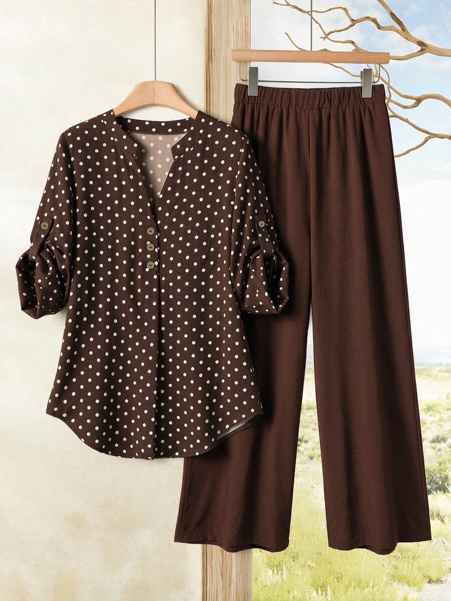 Rusticease Women's Polka Dot Cutout V-Neck Top And Long Pants Casual Daily 2 Pieces Set - Multicolor - View 1