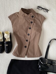 Comfortcana 女款夏季休閒優雅格紋不對稱前襟無袖外套 辦公日常穿著 黑色格紋 - 棕色 - 查看 4