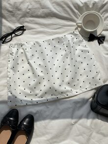 Comfortcana 女款波點圖案鈕扣設計休閒學院風可愛裙子 日常海灘度假 白色與黑色波點 秋季 - 黑與白 - 查看 2