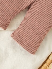 SHEIN 2pcs/Set Newborn Baby Girls Casual Outfit, Collared Color Block Top And Loose Knit Pants Set - Dusty Pink - View 6