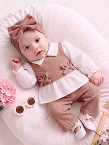 SHEIN 2pcs/Set Newborn Baby Girls Casual Outfit, Collared Color Block Top And Loose Knit Pants Set - Dusty Pink - View 3