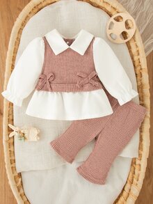 SHEIN 2pcs/Set Newborn Baby Girls Casual Outfit, Collared Color Block Top And Loose Knit Pants Set - Dusty Pink - View 1