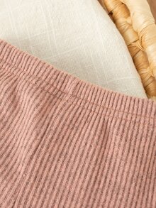 SHEIN 2pcs/Set Newborn Baby Girls Casual Outfit, Collared Color Block Top And Loose Knit Pants Set - Dusty Pink - View 5