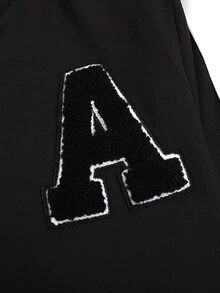 SHEIN 兒童青少年女孩秋冬休閒運動三件套，拼色織帶字母刺繡貼布拉鍊外套、背心與收腰長褲，黑色 - 黑色 - 查看 6