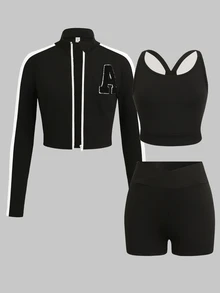 SHEIN 兒童青少年女孩秋冬休閒運動三件套，拼色織帶字母刺繡貼布拉鍊外套、背心與收腰長褲，黑色 - 黑色 - 查看 5