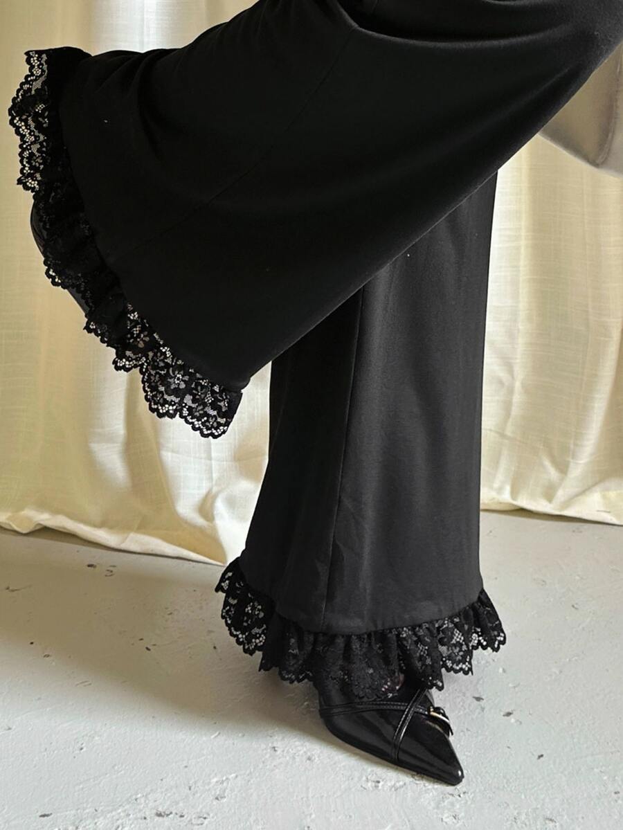 GalTyme Plus Size Elegant Commuter Lace Trim Pants - Black - View 1