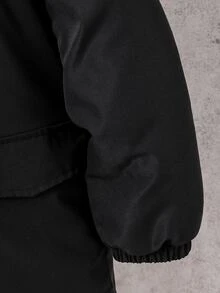 Teen Boys Black Mid-Length Thick Padded Coat With Small Logo And Pockets Autumn Winter - Black - View 5