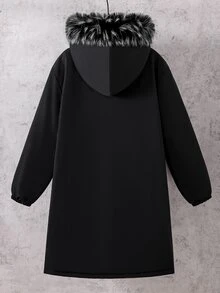 Teen Boys Black Mid-Length Thick Padded Coat With Small Logo And Pockets Autumn Winter - Black - View 2