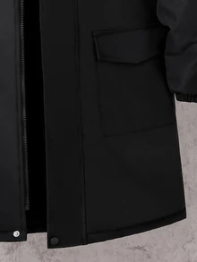 Teen Boys Black Mid-Length Thick Padded Coat With Small Logo And Pockets Autumn Winter - Black - View 6
