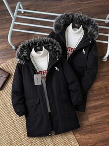 Teen Boys Black Mid-Length Thick Padded Coat With Small Logo And Pockets Autumn Winter - Black - View 1