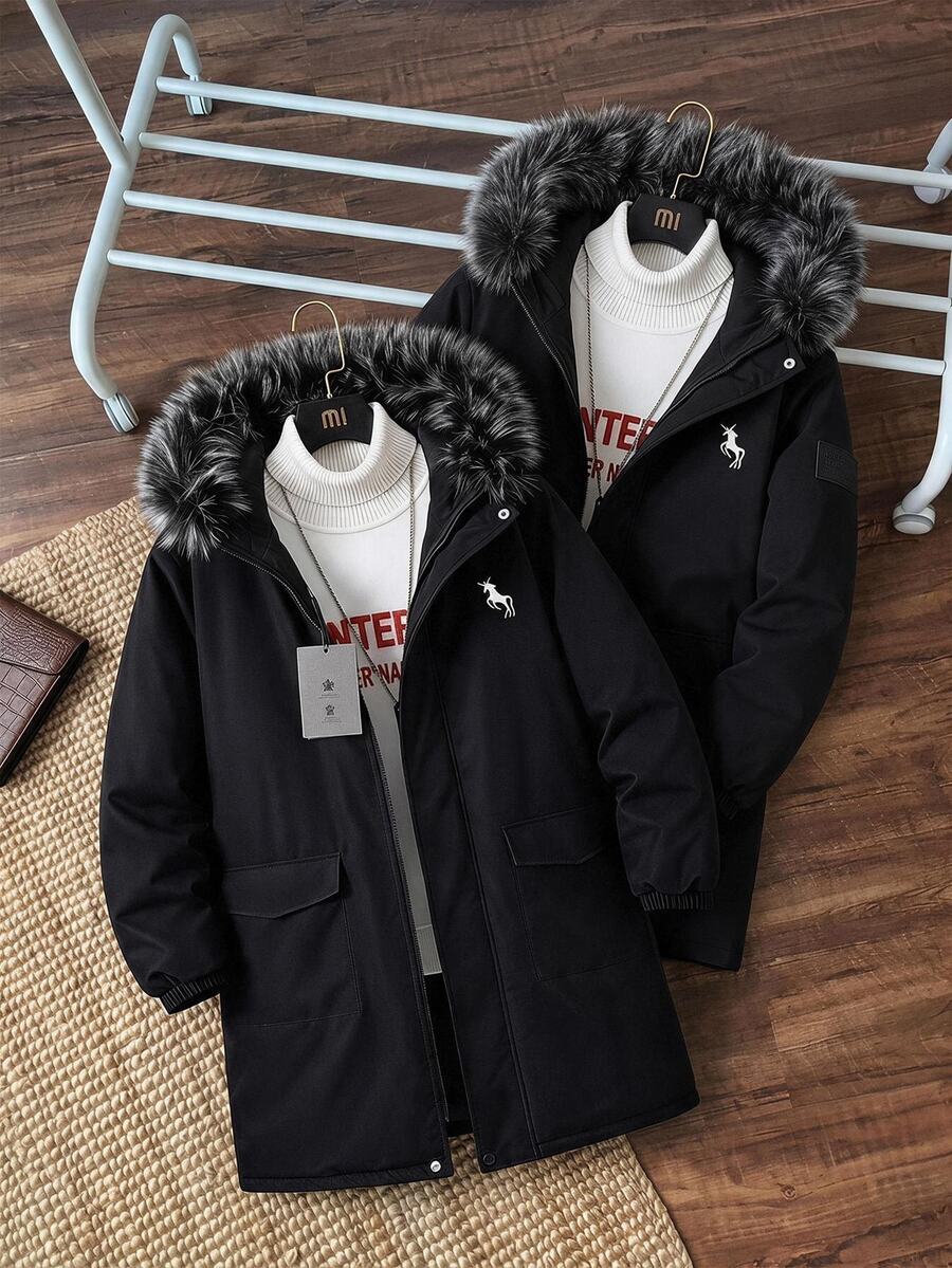 Teen Boys Black Mid-Length Thick Padded Coat With Small Logo And Pockets Autumn Winter - Black - View 1