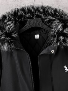 Teen Boys Black Mid-Length Thick Padded Coat With Small Logo And Pockets Autumn Winter - Black - View 4