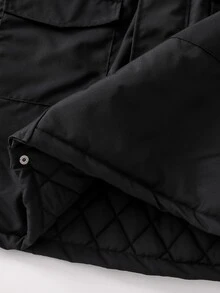 Teen Boys Black Mid-Length Thick Padded Coat With Small Logo And Pockets Autumn Winter - Black - View 7