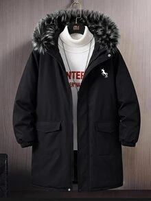 Teen Boys Black Mid-Length Thick Padded Coat With Small Logo And Pockets Autumn Winter - Black - View 3