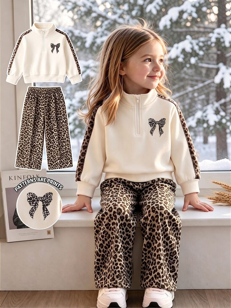Baby Girls 2 Pieces Set Fashion Casual Leopard Print Bowknot Crew Neck Long Sleeve Sweatshirt & Leopard Print Wide Leg Pants Soft Fabric Suitable For Outings Autumn/Winter - Multicolor - View 8