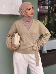 DAZY Women's Casual Modest Elegant Tie-Front Wrap Cardigan, Fall/ Office Tan - Khaki - View 1