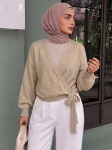 DAZY Women's Casual Modest Elegant Tie-Front Wrap Cardigan, Fall/ Office Tan - Khaki - View 2