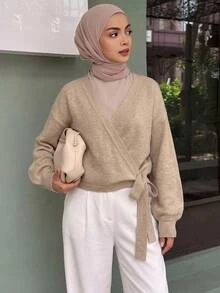 DAZY Women's Casual Modest Elegant Tie-Front Wrap Cardigan, Fall/ Office Tan - Khaki - View 3