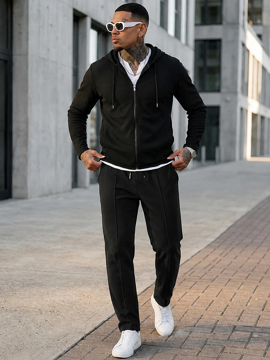 DAZY Spring/Autumn Black Hooded Cardigan Jacket With Elastic Waist Long Pants Men's Outerwear Set - Black - View 1