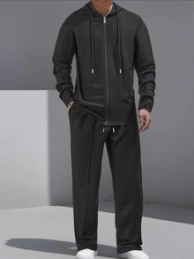 DAZY Spring/Autumn Black Hooded Cardigan Jacket With Elastic Waist Long Pants Men's Outerwear Set - Black - View 4
