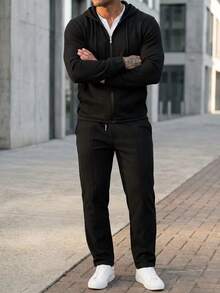 DAZY Spring/Autumn Black Hooded Cardigan Jacket With Elastic Waist Long Pants Men's Outerwear Set - Black - View 3
