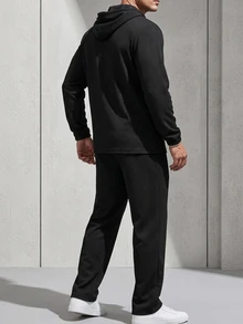 DAZY Spring/Autumn Black Hooded Cardigan Jacket With Elastic Waist Long Pants Men's Outerwear Set - Black - View 2