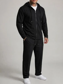 DAZY Spring/Autumn Black Hooded Cardigan Jacket With Elastic Waist Long Pants Men's Outerwear Set - Black - View 6