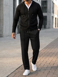 DAZY Spring/Autumn Black Hooded Cardigan Jacket With Elastic Waist Long Pants Men's Outerwear Set - Black - View 5