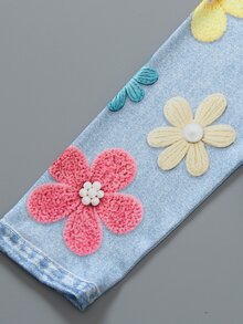 8-12歲女孩 2件套 花卉印花圓領長袖T恤修身喇叭褲 秋季開學淺藍色可愛學生風 - 藍色 - 查看 4