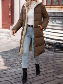SHEIN Frenchy Women's Pure Long Warm Padded Coat In Fall/Winter - Chocolate Brown - View 5