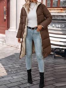 SHEIN Frenchy Women's Pure Long Warm Padded Coat In Fall/Winter - Chocolate Brown - View 3