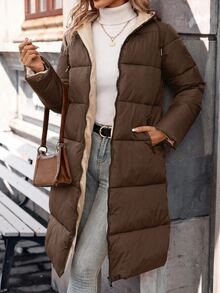 SHEIN Frenchy Women's Pure Long Warm Padded Coat In Fall/Winter - Chocolate Brown - View 4