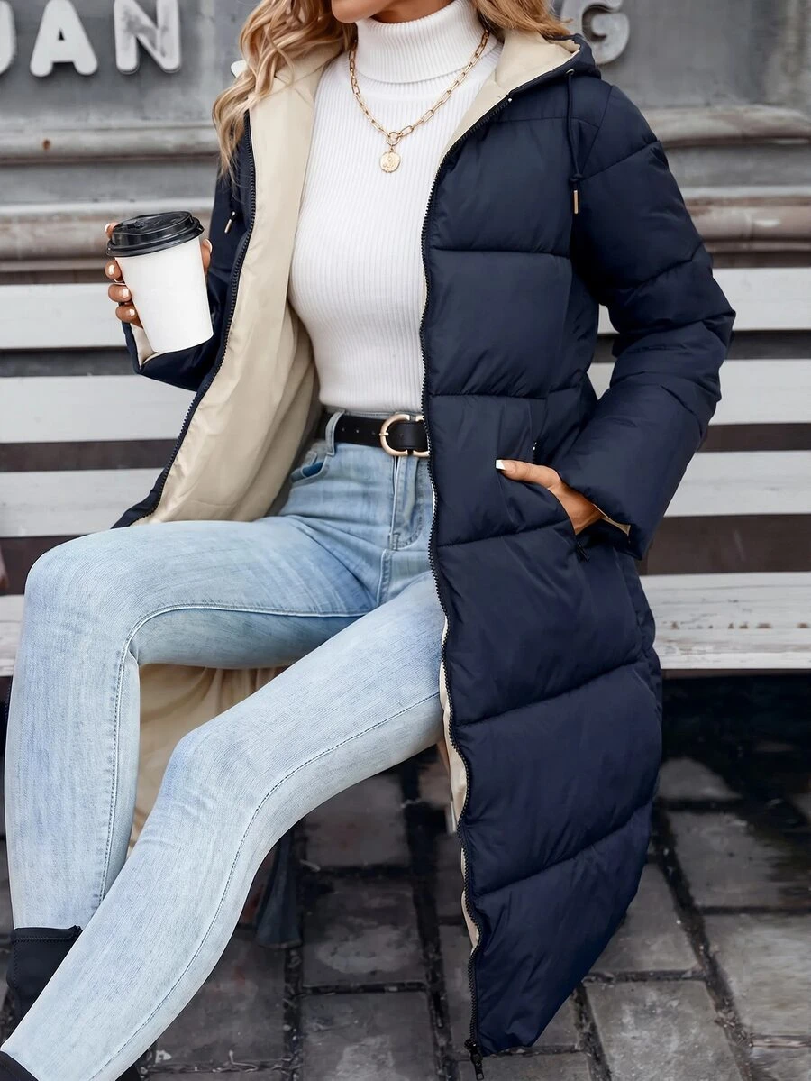 SHEIN Frenchy Women's Winter Fashion Versatile Hooded Jacket - Navy Blue - View 1
